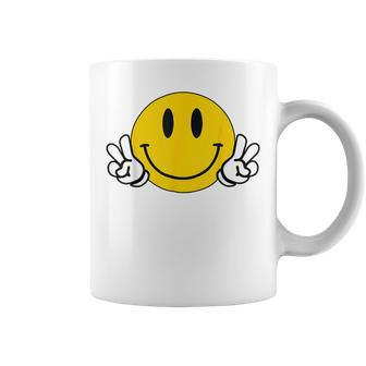 Yellow Smile Face Cute Checkered Peace Smiling Happy Face Coffee Mug | Mazezy