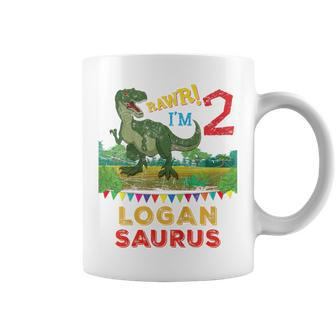 Youth Logan Saurus Rawr I'm 2 Dinosaur T-Rex Personalized Name Coffee Mug - Seseable