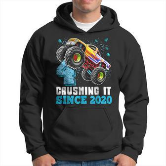 4 Crushing It Since 2020 Monster Truck 4Th Birthday Boy Hoodie - Monsterry
