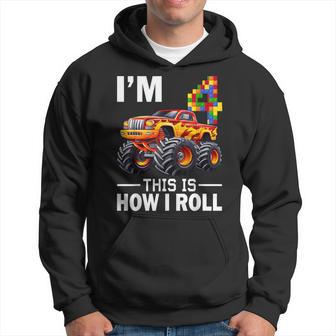 4 Years Old Building Blocks Monster Truck 4Th Birthday Boy Hoodie - Monsterry