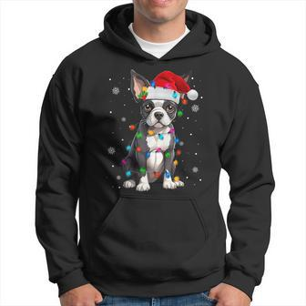 Boston Terrier Christmas Santa Hat Tree Lights Pajama Hoodie - Seseable