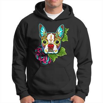 Boston Terrier In Red Day Of The Dead Sugar Skull Dog Hoodie - Monsterry