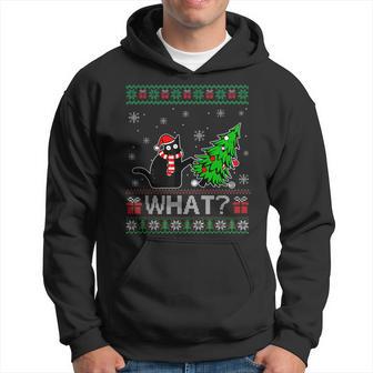 Cat What Black Cat Pushing Christmas Tree Ugly Xmas Hoodie - Thegiftio UK