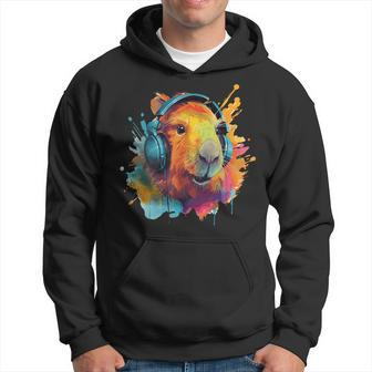 Colorful Capybara With Headphones Vintage Colorful Capybara Hoodie - Monsterry