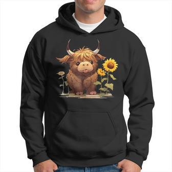 Cute Baby Highland Cow With Sunflowers Calf Animal Farm Hoodie - Seseable