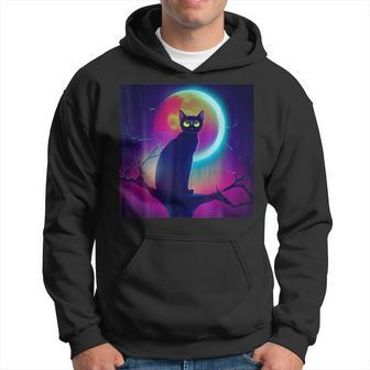 Cute Black Cat Spooky Yellow Purple Full Moon Logo Hoodie - Monsterry DE