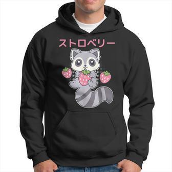 Cute Kawaii Raccoon Embrace A Big Strawberry Anime Hoodie - Monsterry