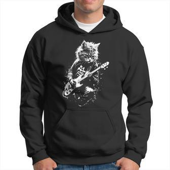 Distressed Cat Playing Guitar Punk Rock & Roll Vintage Hoodie - Monsterry