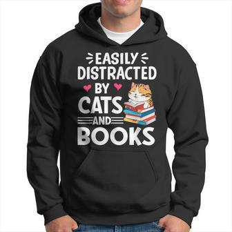 Easily Distracted By Cats And Books Cute Cat And Book Lovers Hoodie - Seseable