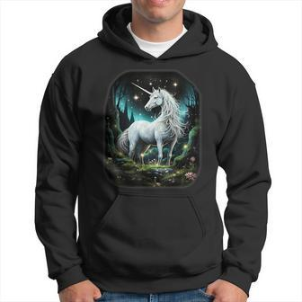 Fantasy White Unicorn Standing In Forest Stars Hoodie - Seseable