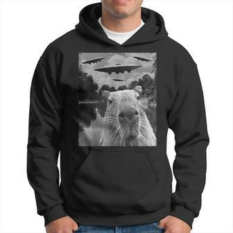 Graphic Capybara Selfie With Ufos Weird Hoodie - Seseable