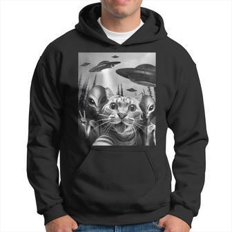 Cat Selfie With Ufos Peace Sign Alien Cat Ufo Invasion Hoodie | Mazezy