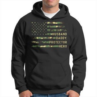 Husband Daddy Protector Hero Fathers Day Camo American Flag Hoodie - Monsterry CA