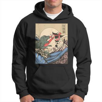Kaiju Monster Vs Cat Laser Eye Fight Great Wave Japanese Hoodie - Thegiftio UK