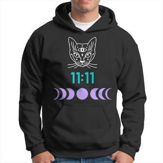 Manifestation Cat And Moon Phase 11 11 Eleven Eleven Purple Hoodie - Monsterry