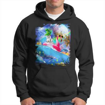 Rainbow Space Galaxy Cat On Flamingo Dolphin Hoodie - Monsterry CA