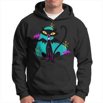 Retro Atomic Age Mid Century Vampire Black Cat W Bat Wings Hoodie - Monsterry CA