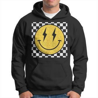 Retro Happy Face Distressed Checkered Pattern Smile Face Hoodie - Monsterry