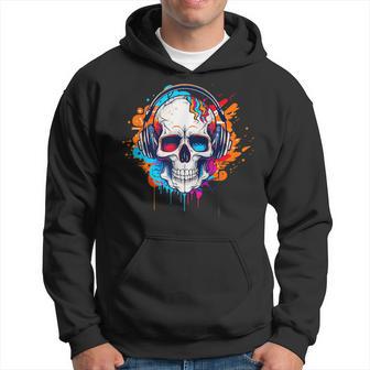 Retro Paint Dripping Skull Skeleton Head With Headphones Hoodie - Thegiftio UK