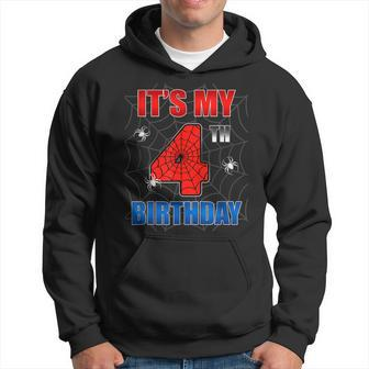 Spider Web Four 4 Years Old It's My 4Th Birthday Boy Party Hoodie - Seseable