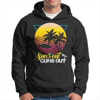 Suns Out Guns Out Retro 80S Beach Scene Palm Tree Sunset Hoodie - Monsterry