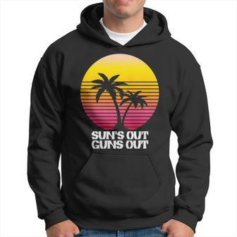 Suns Out Guns Out Retro 80S Beach Scene Palm Tree Sunset Hoodie - Monsterry DE
