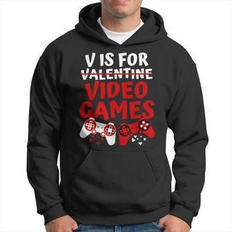V Is For Video Games Valentines Day Gamer Boy Men Hoodie | Mazezy