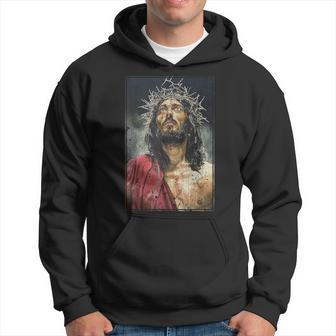 Vintage Face Of Jesus On A Cross With Crown Of Thorns Hoodie | Mazezy
