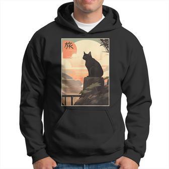 Vintage Japanese Scenery Kanji Writing Journey Black Cat Hoodie - Monsterry CA