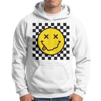 70S Yellow Smile Face Tongue Out Checkered Happy Face Hoodie - Thegiftio UK