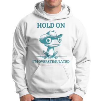 Hold On I'm Overstimulated Frog Adhd And Anxiety Frog Hoodie - Thegiftio