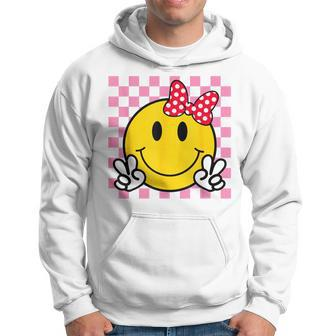 Retro Happy Face With Bow And Checkered Pattern Smile Face Hoodie - Thegiftio UK
