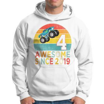 Youth 4Th Birthday Monster Truck Lover 4 Years Old Vintage Retro Hoodie - Monsterry
