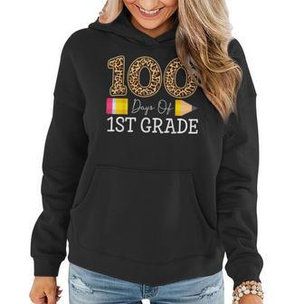 100 Days Of First Grade Leopard Happy 100Th Day Of School Women Hoodie | Mazezy