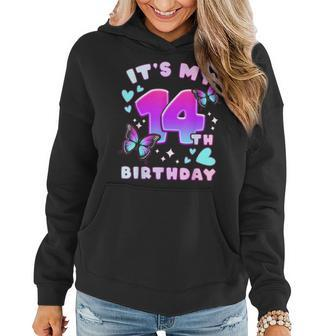 14Th Birthday Girl 14 Years Butterflies And Number 14 Women Hoodie - Monsterry
