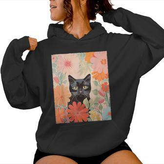 Black Cat And Flowers Cat Lover Cat Floral Cat Women Hoodie | Mazezy