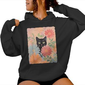 Black Cat And Flowers Cat Lover Cat Floral Cat Women Hoodie - Seseable
