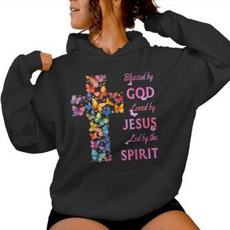 Blessed By God Loved By Jesus Butterfly Cross Women Hoodie - Seseable