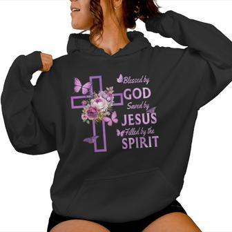 Blessed By God Saved By Jesus Purple Floral Cross Christian Women Hoodie - Thegiftio