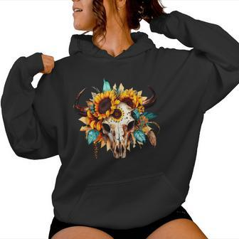 Boho Cow Skull Sunflower Vintage Western Aztec Cute Cowskull Women Hoodie - Thegiftio UK