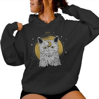 Boho Mystical Feathers Cat Moon Phases Cats Lovers Women Hoodie - Monsterry UK