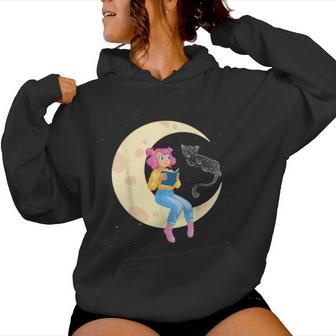 Celestial Cat And Girl Reading Book Read Moon Women Hoodie - Monsterry