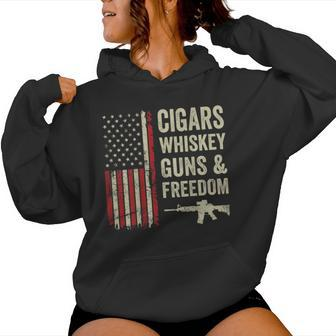 Cigars Whiskey Guns & Freedom Usa Flag 4Th Of July Back Women Hoodie - Monsterry