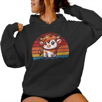 Cute Baby Highland Cow With Vintage Sunset Animal Cow Women Women Hoodie - Monsterry UK