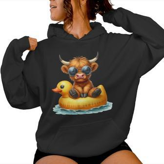 Cute Highland Cow Duck Pool Float Summer Vibes Swimming Women Hoodie - Seseable