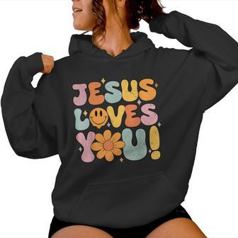 Cute Jesus Loves You Groovy Christian Kid Girl Vintage Women Hoodie - Thegiftio UK