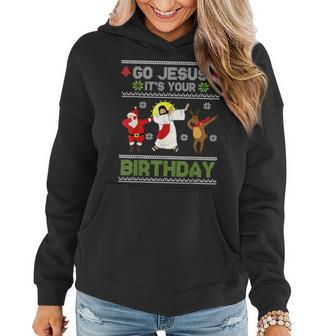 Dabbing Go Jesus It's Your Birthday Ugly Christmas Christian Women Hoodie - Seseable