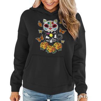 Dia De Los Muertos Monarch Butterfly Sugar Skull Cat Women Hoodie - Monsterry DE