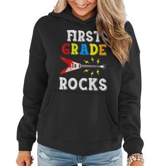 First Grade Rocks Guitar Music First Day Of School Women Hoodie - Monsterry