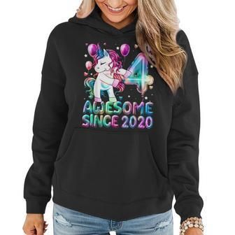 Flossing Unicorn 4 Year Old 4Th Birthday Girl Unicorn Party Women Hoodie - Seseable